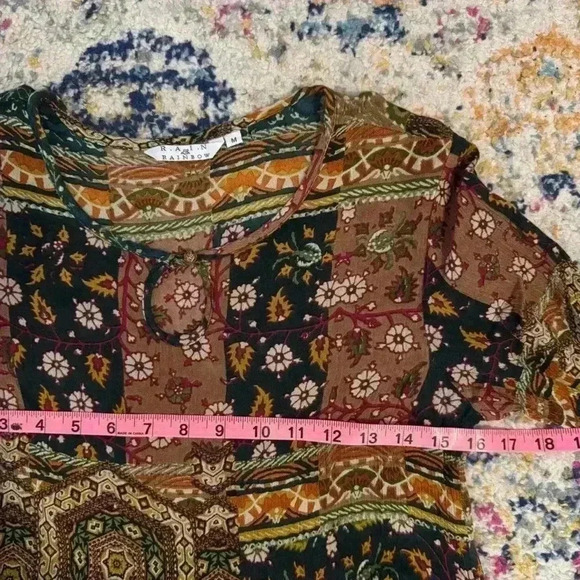 Rain & Rainbow Women’s Multi Ethnic Motifs Printed Bell Sleeves Kurta Size M - Picture 13 of 14